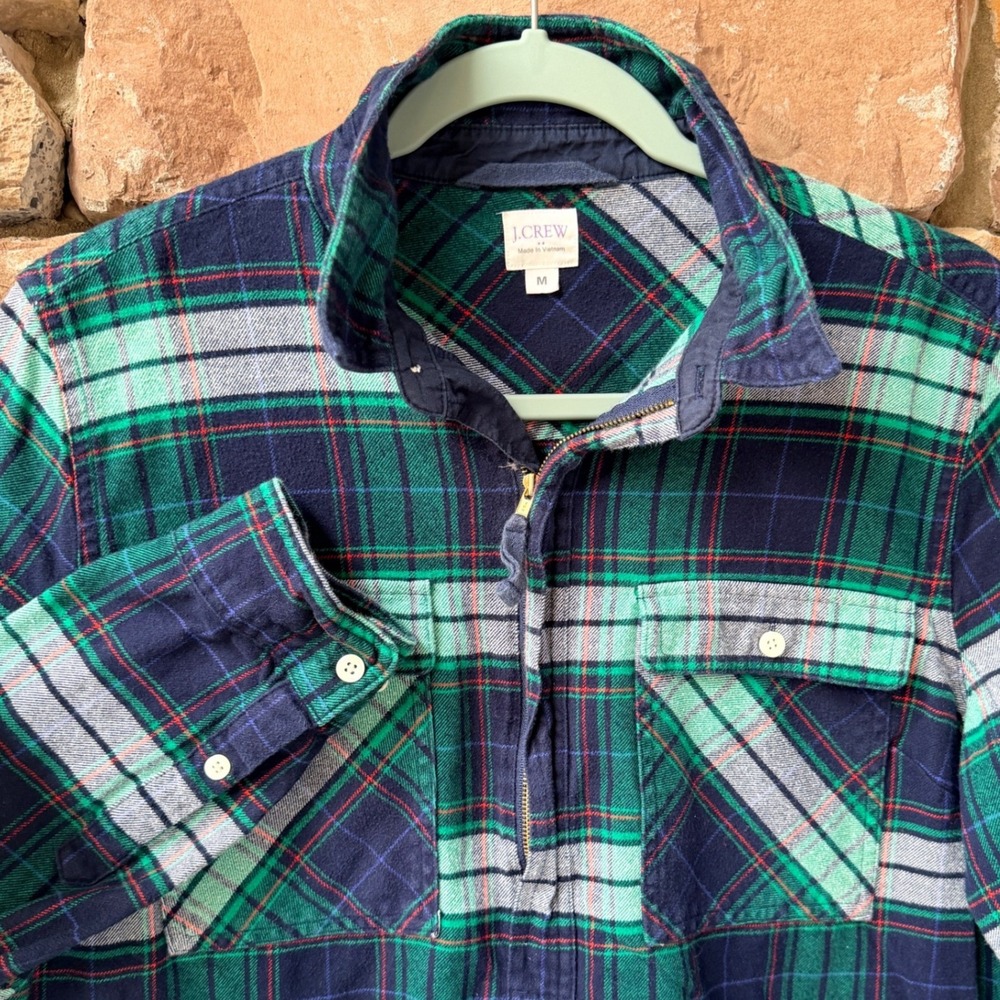 J Crew M Plaid Quarter Zip Flannel Polo Shirt LS Women Outdoor Academia Preppy